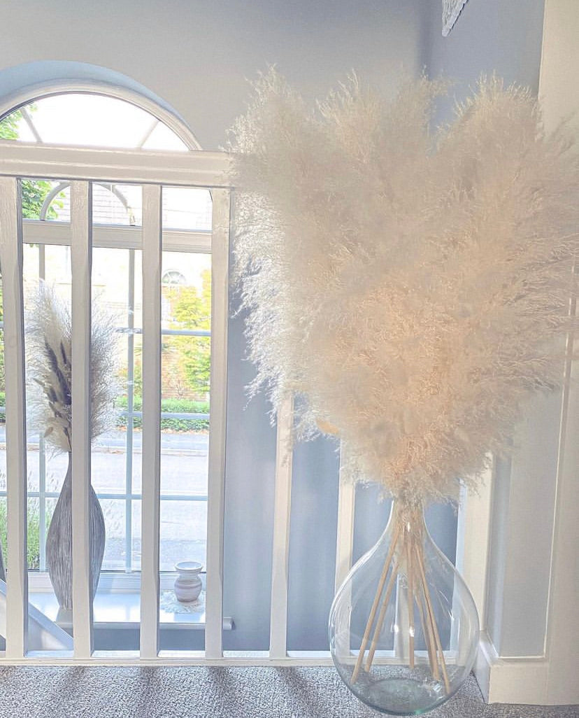 Large white fluffy pampas. Style in a large floor vase or on a console table as a statement piece.